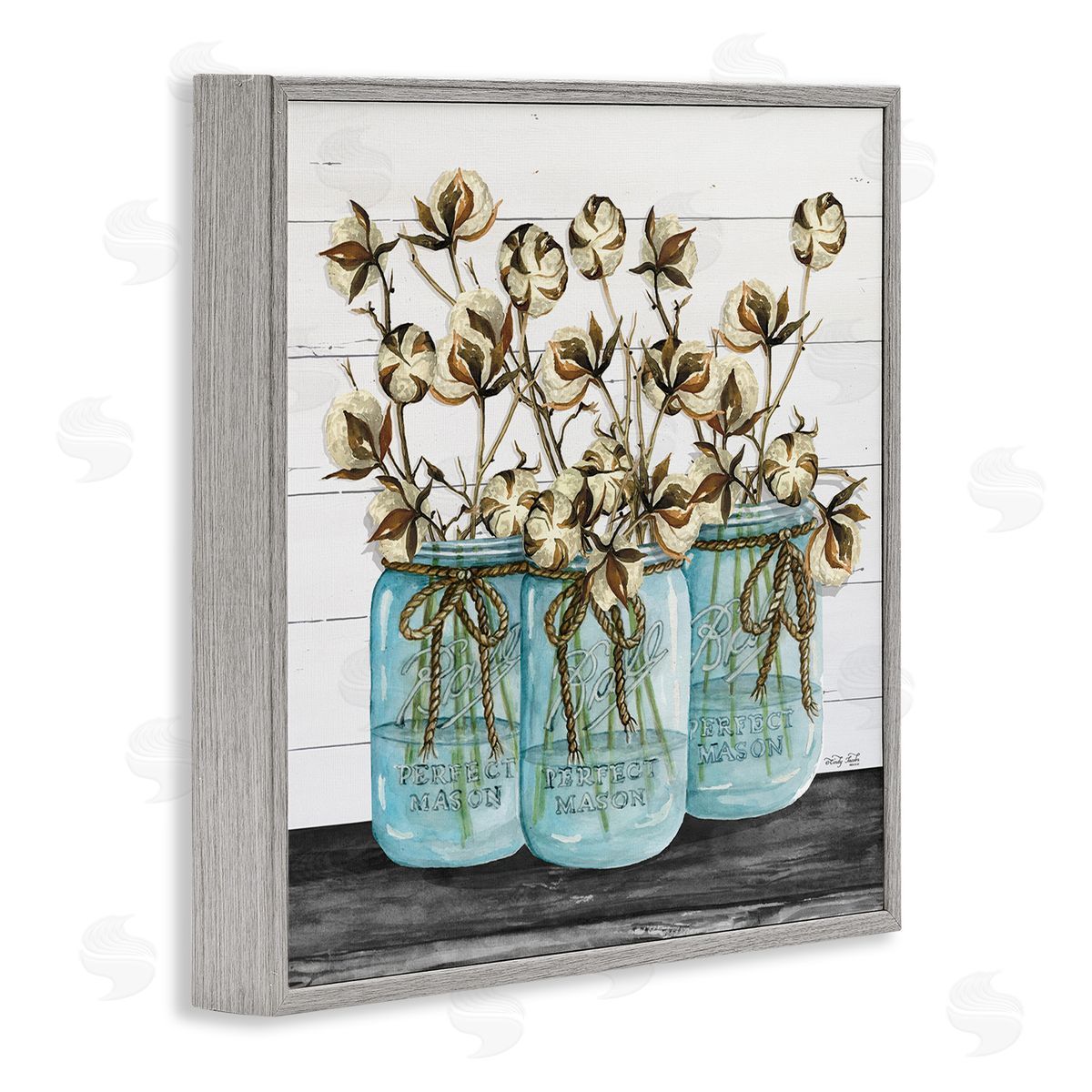Cotton in Rustic Jars Grey Frame Print Wall Art, Home Decor by Cindy Jacobs