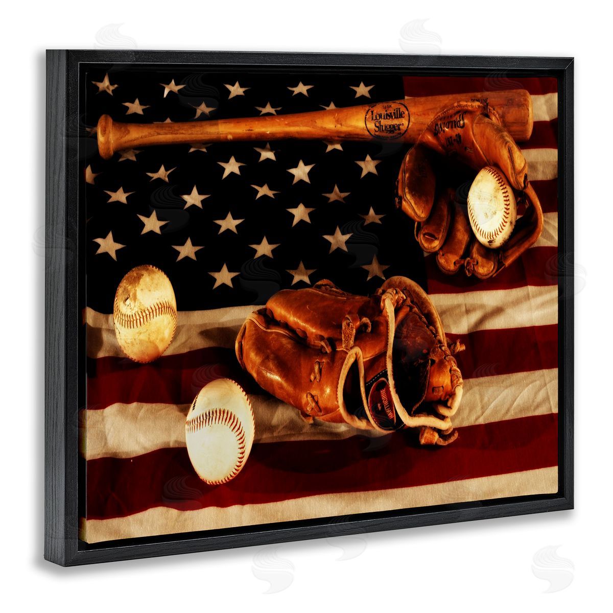 Vintage American Flag Baseball Photo Black Floating Frame Canvas Wall Art, Home Decor by Daniel Sproul