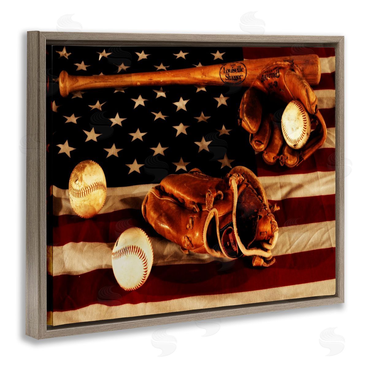 Vintage American Flag Baseball Photo Brown Floating Frame Canvas Wall Art, Home Decor by Daniel Sproul