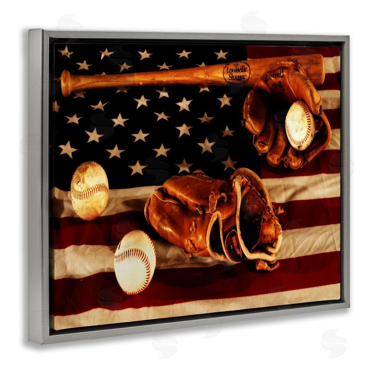 Vintage American Flag Baseball Photo Grey Floating Frame Canvas Wall Art, Home Decor by Daniel Sproul