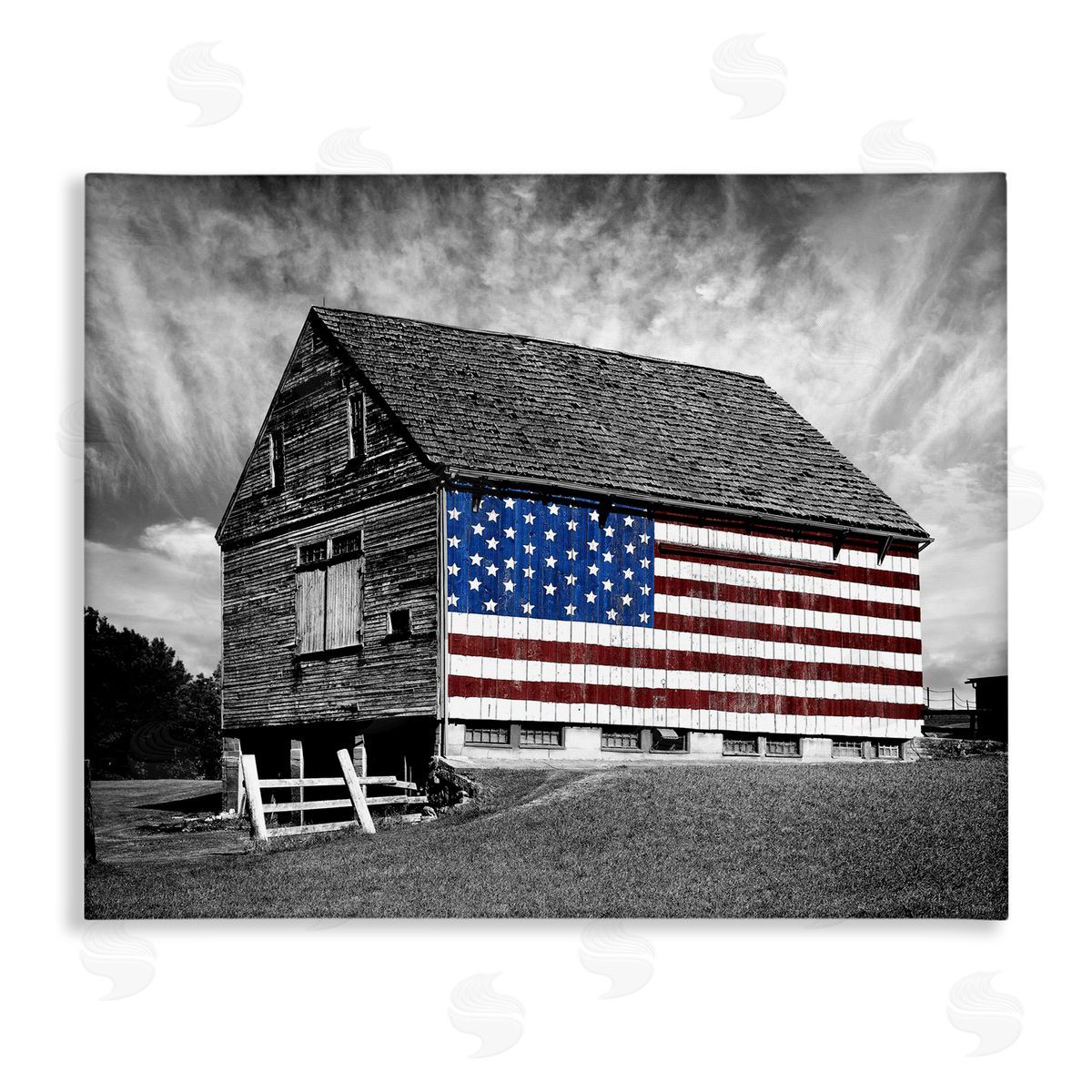 Black & White Barn with American Flag Canvas Wall Art, Home Decor by James McLoughlin
