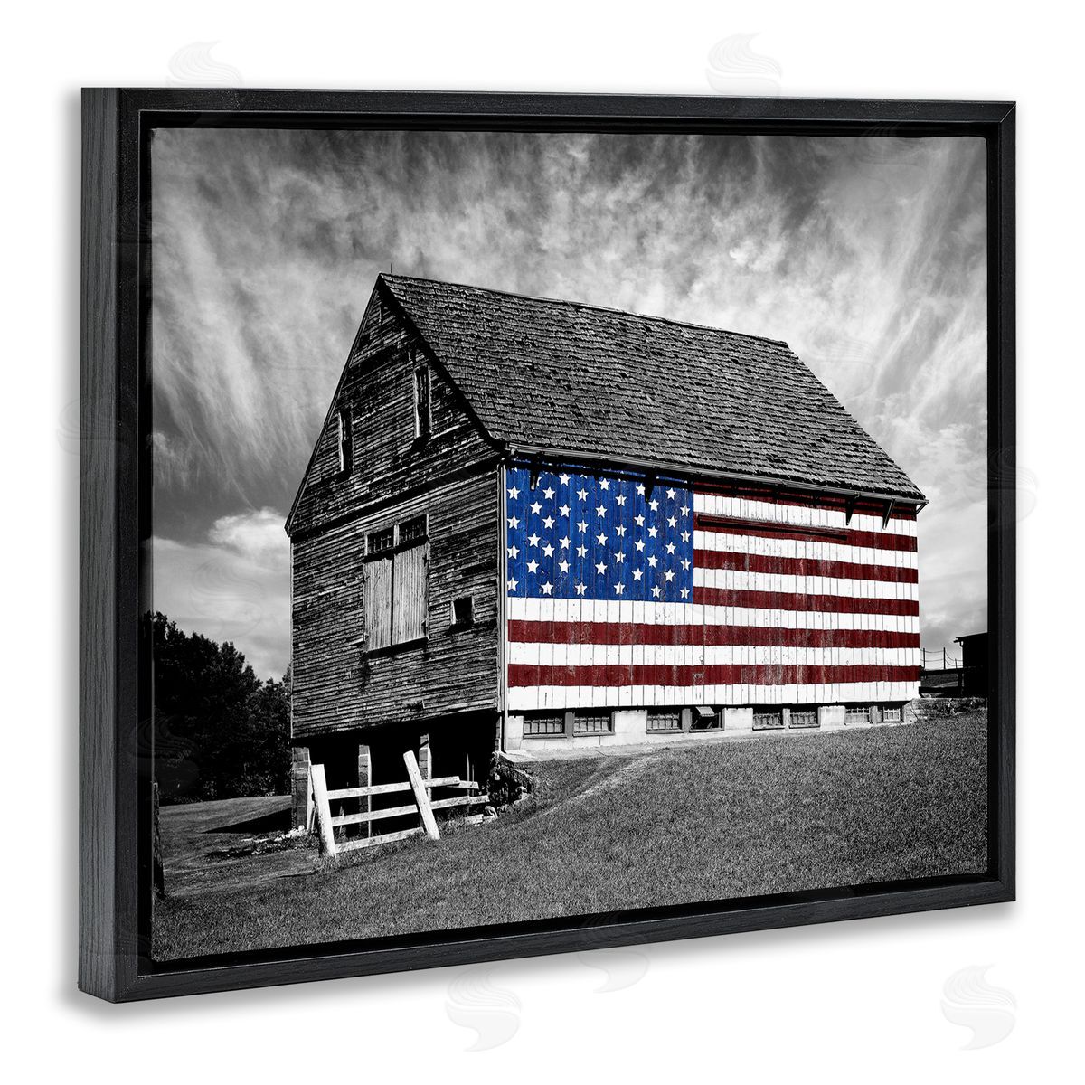 Black & White Barn with American Flag Black Floating Frame Canvas Wall Art, Home Decor by James McLoughlin
