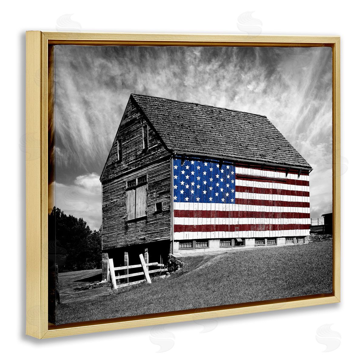 Black & White Barn with American Flag Gold Floating Frame Canvas Wall Art, Home Decor by James McLoughlin