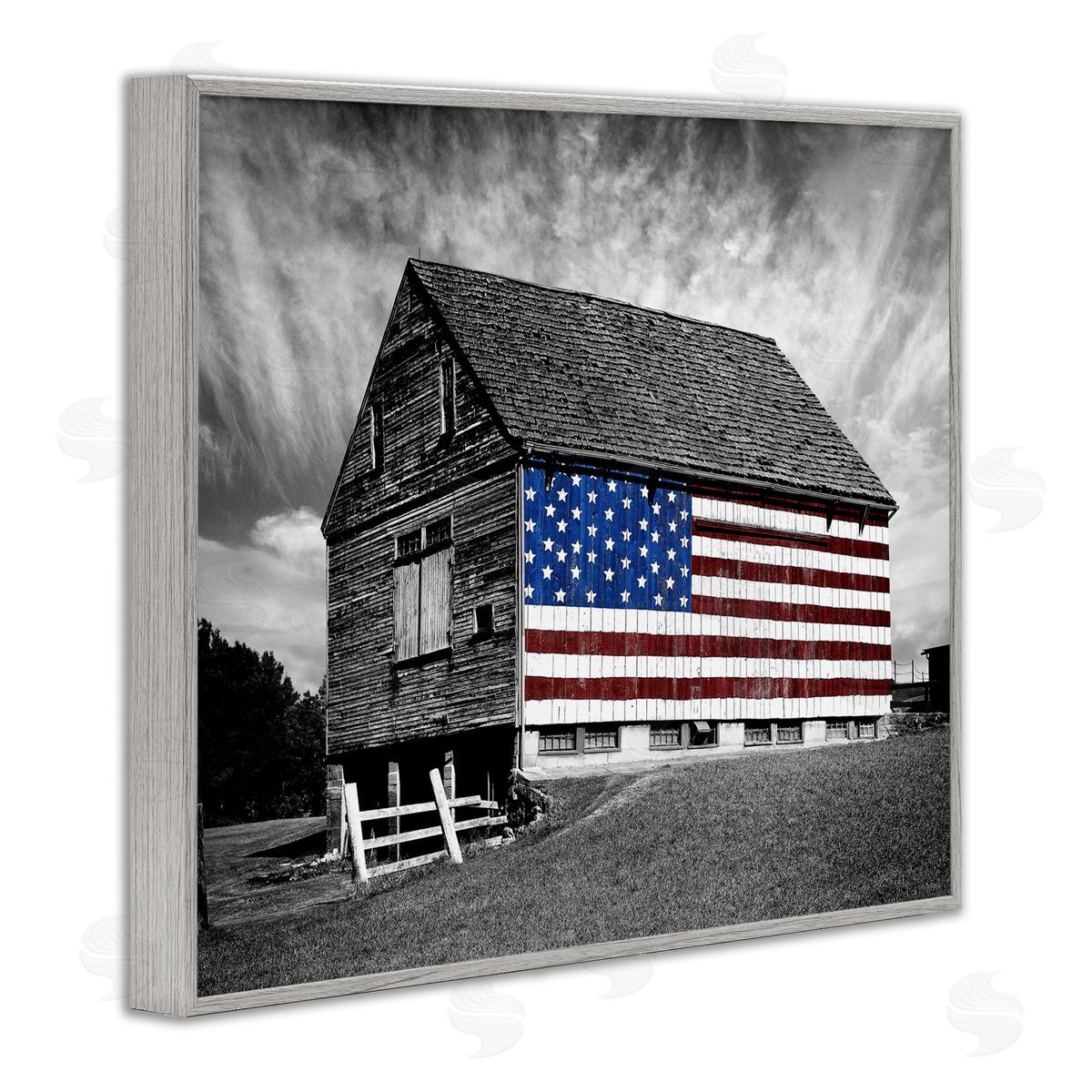 Black & White Barn with American Flag Grey Frame Print Wall Art, Home Decor by James McLoughlin