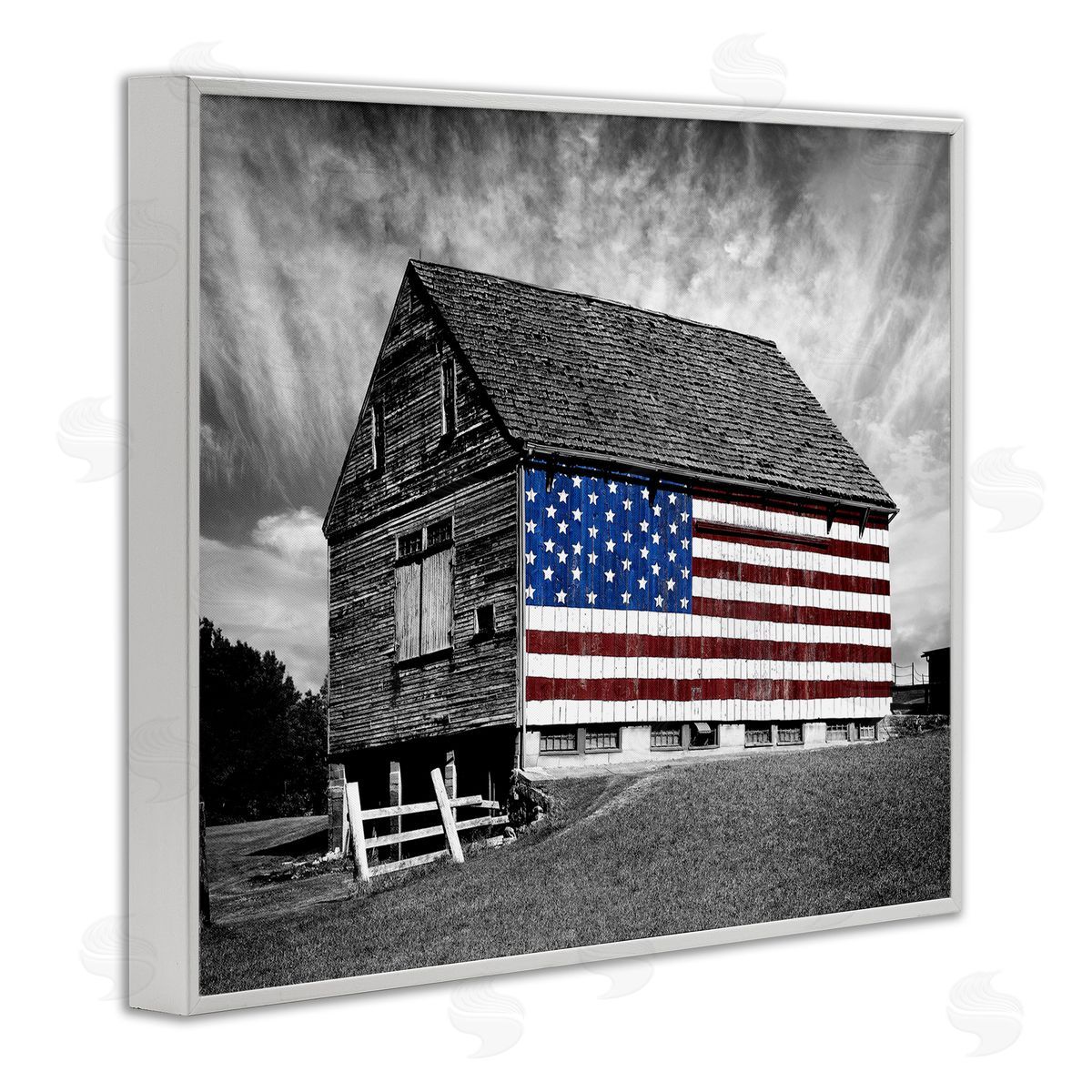 Black & White Barn with American Flag White Frame Print Wall Art, Home Decor by James McLoughlin