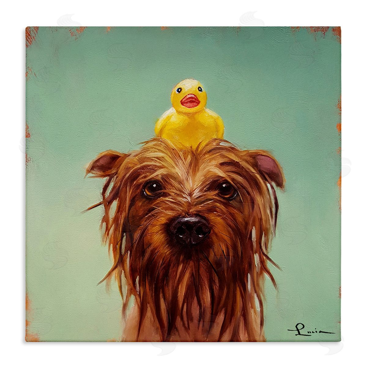 Wet Dog with a Rubber Ducky Canvas Wall Art, Home Decor by Lucia Heffernan