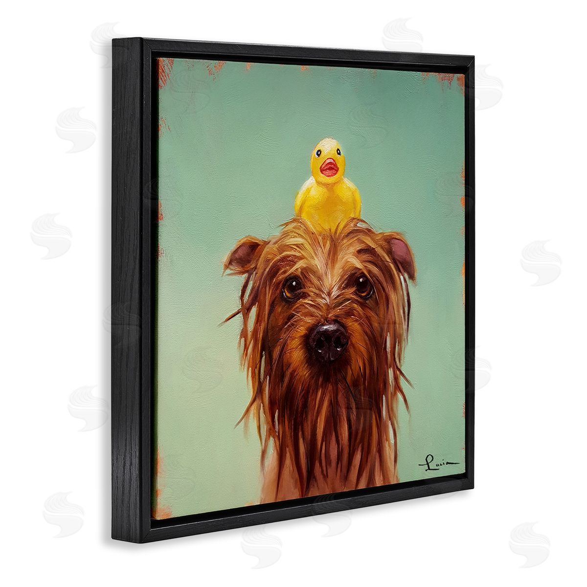 Wet Dog with a Rubber Ducky Black Floating Frame Canvas Wall Art, Home Decor by Lucia Heffernan