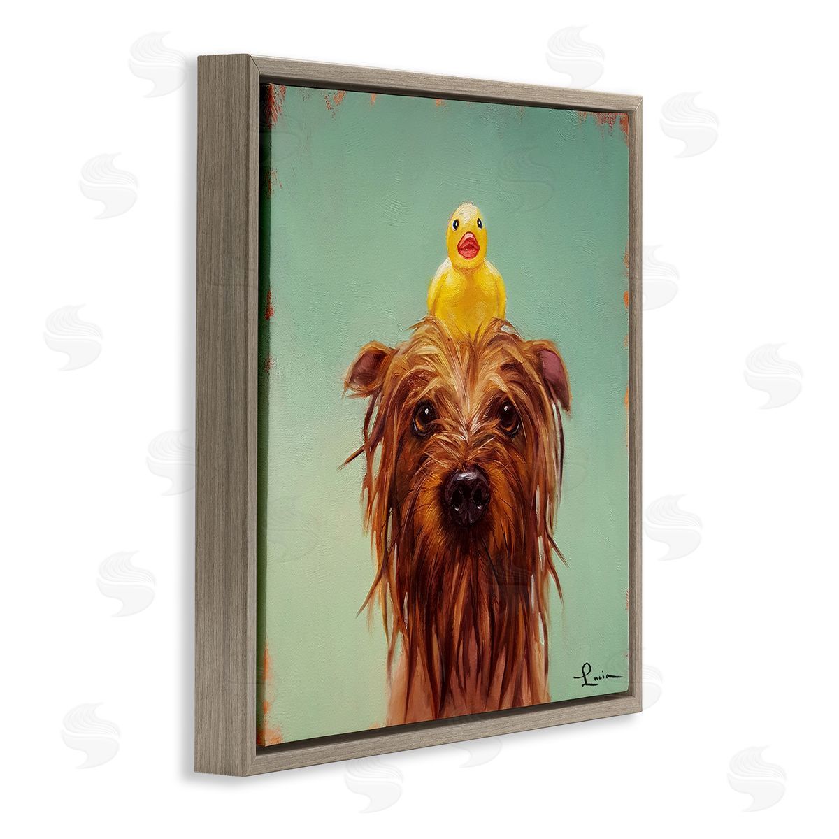 Wet Dog with a Rubber Ducky Brown Floating Frame Canvas Wall Art, Home Decor by Lucia Heffernan