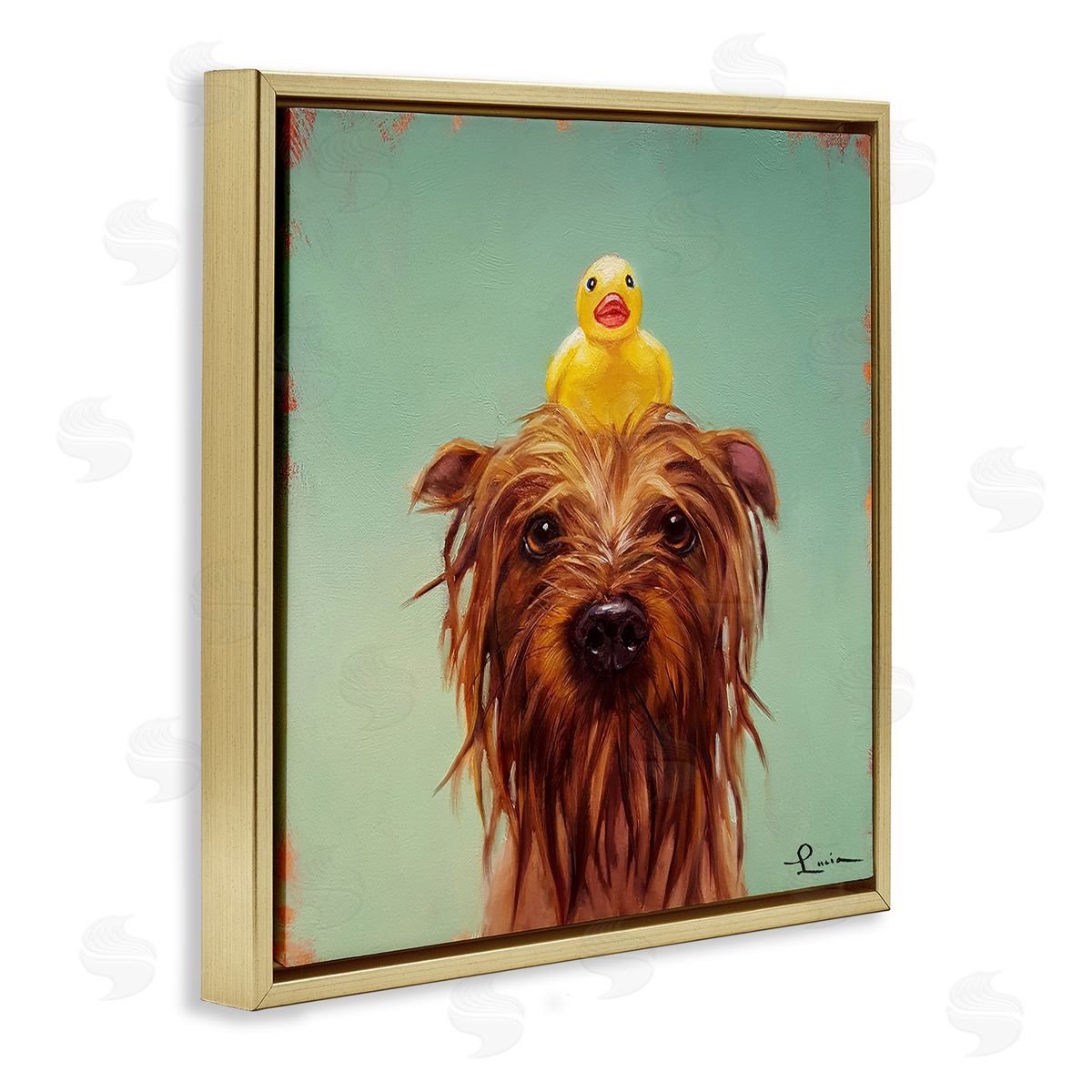 Wet Dog with a Rubber Ducky Gold Floating Frame Canvas Wall Art, Home Decor by Lucia Heffernan