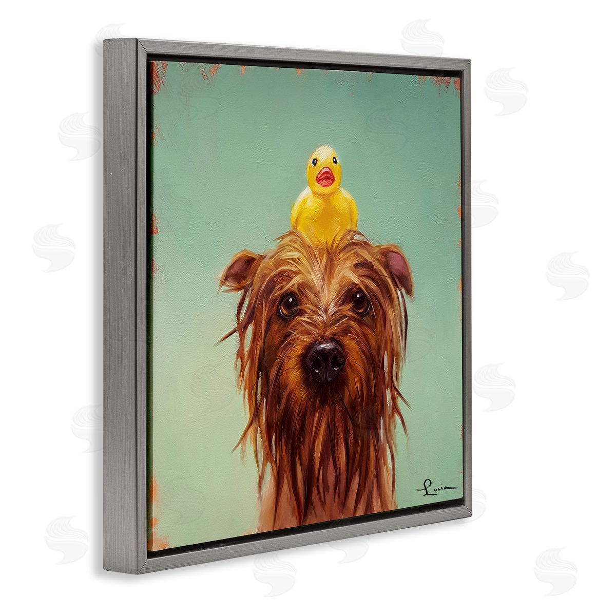 Wet Dog with a Rubber Ducky Grey Floating Frame Canvas Wall Art, Home Decor by Lucia Heffernan