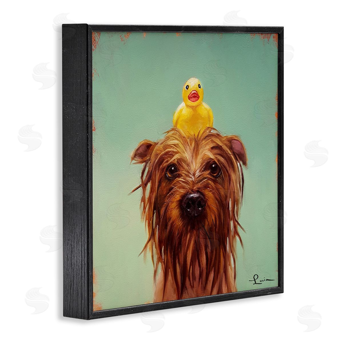 Wet Dog with a Rubber Ducky Black Frame Print Wall Art, Home Decor by Lucia Heffernan