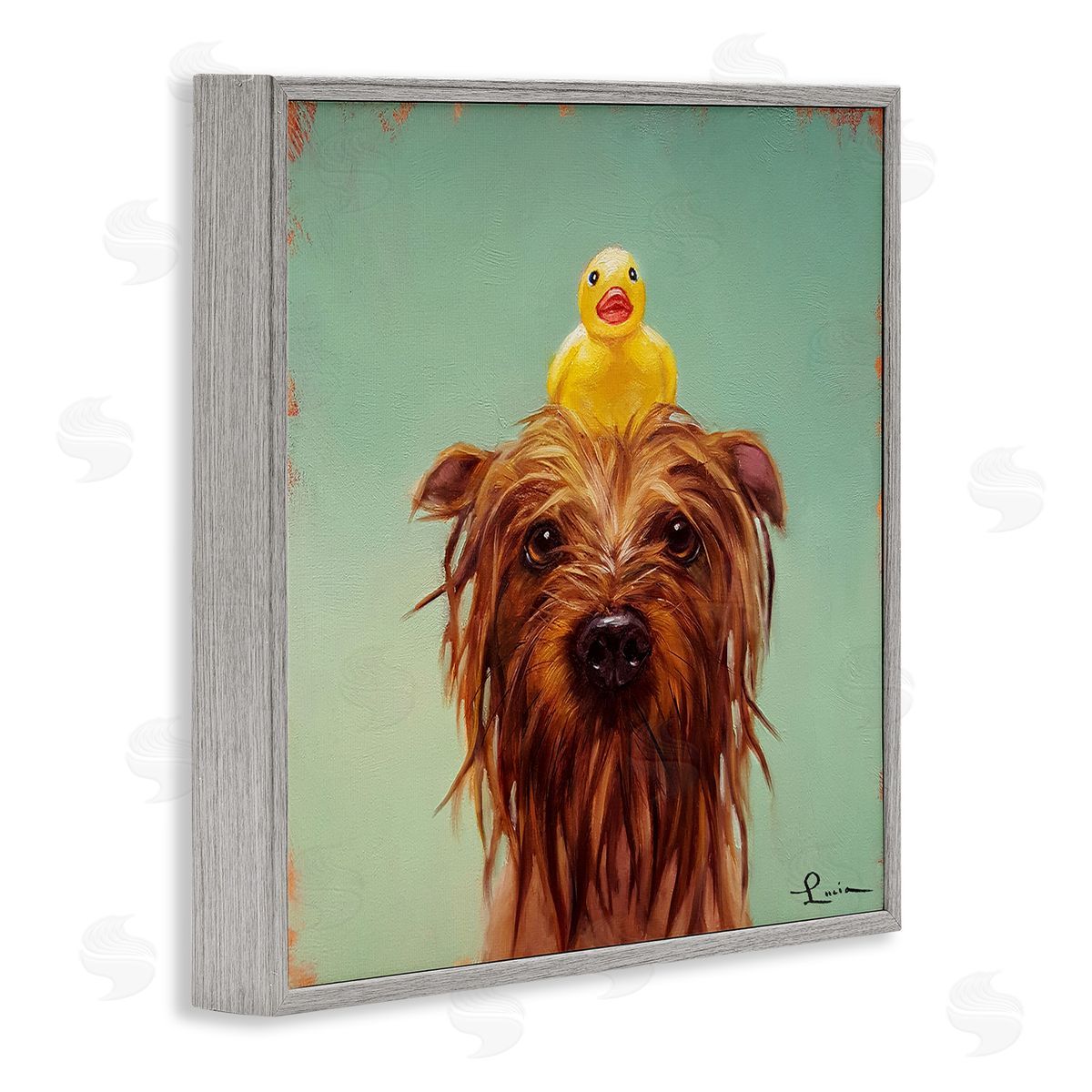 Wet Dog with a Rubber Ducky Grey Frame Print Wall Art, Home Decor by Lucia Heffernan