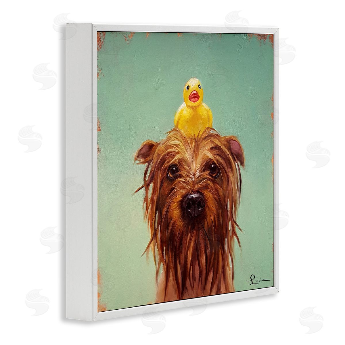 Wet Dog with a Rubber Ducky White Frame Print Wall Art, Home Decor by Lucia Heffernan