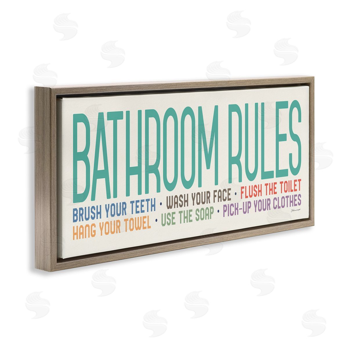 Bathroom Rules with Teal Text Brown Floating Frame Canvas Wall Art, Home Decor by Stephanie Workman Marrott