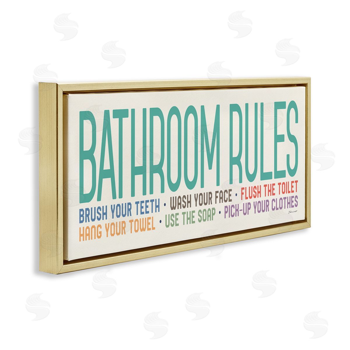 Bathroom Rules with Teal Text Gold Floating Frame Canvas Wall Art, Home Decor by Stephanie Workman Marrott