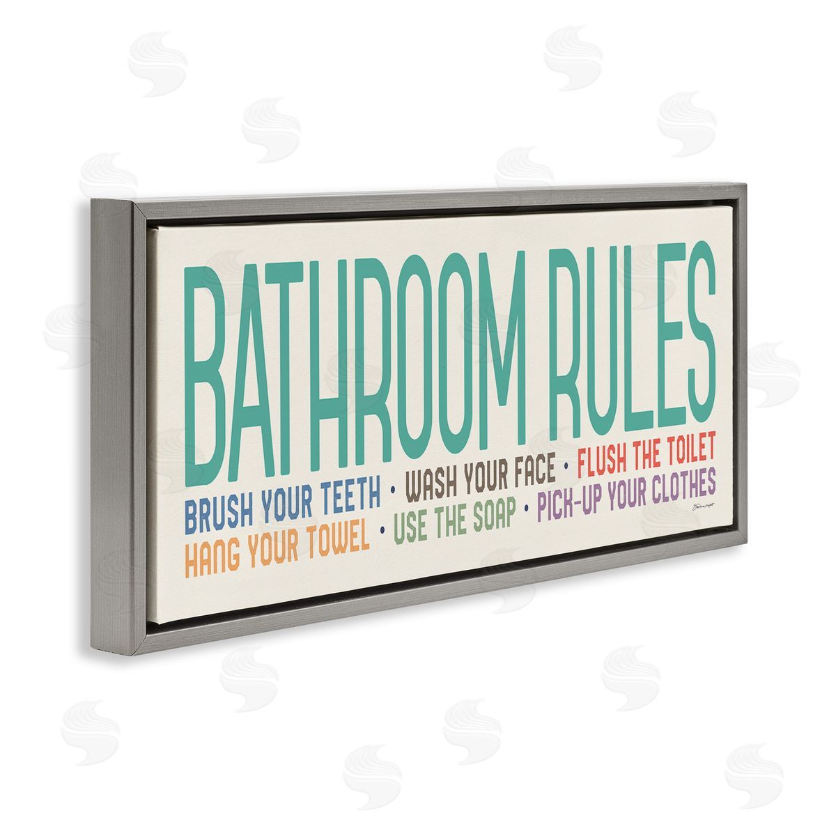 Bathroom Rules with Teal Text Grey Floating Frame Canvas Wall Art, Home Decor by Stephanie Workman Marrott
