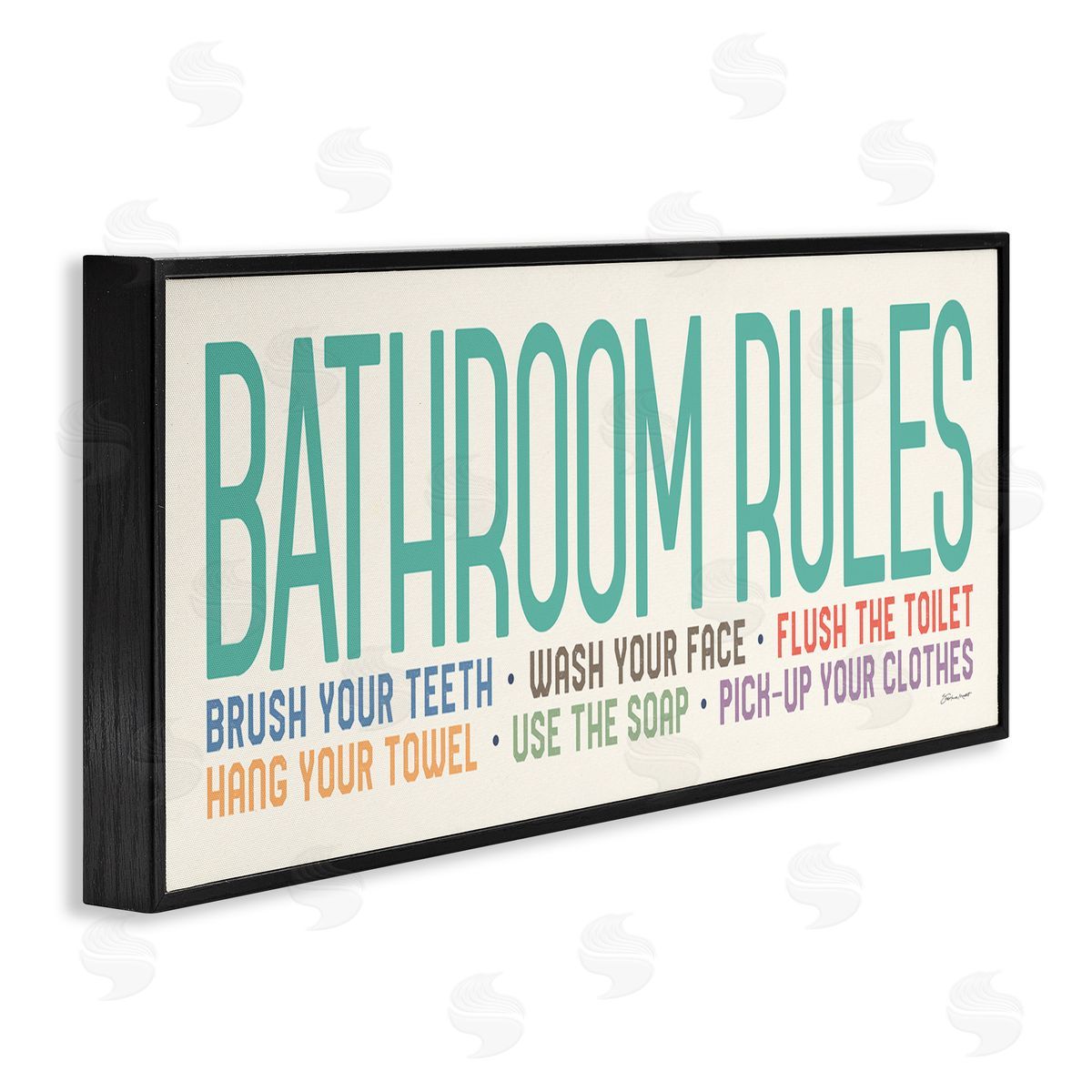 Bathroom Rules with Teal Text Black Frame Print Wall Art, Home Decor by Stephanie Workman Marrott