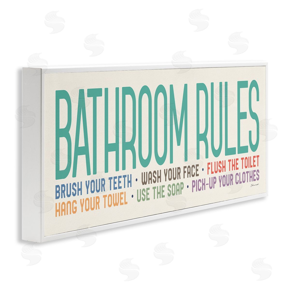 Bathroom Rules with Teal Text White Frame Print Wall Art, Home Decor by Stephanie Workman Marrott