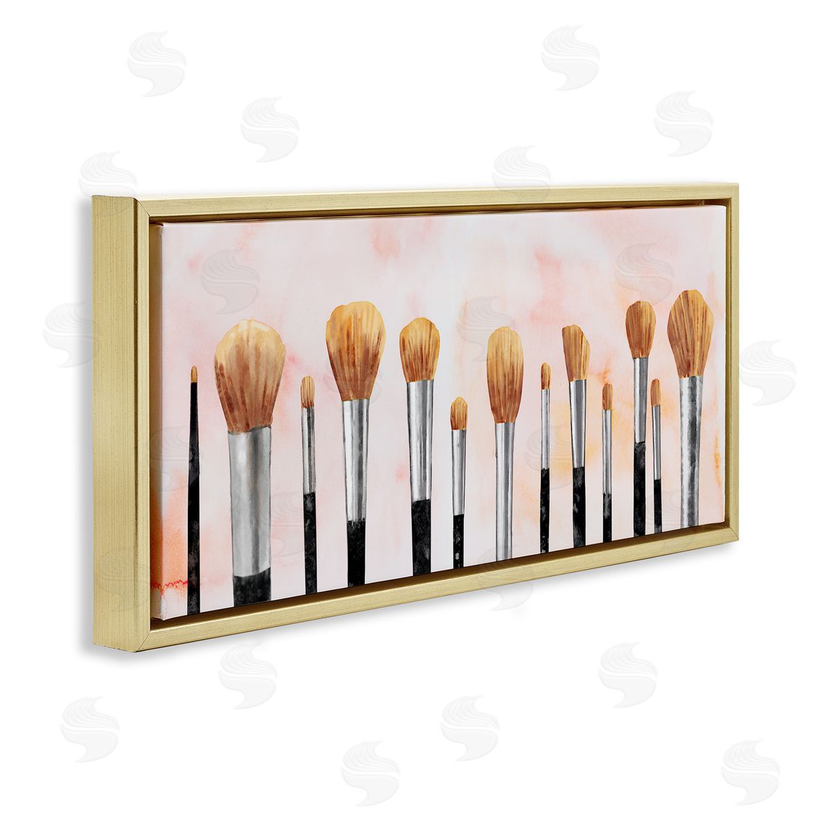 Pink Makeup Brush Collection Gold Floating Frame Canvas Wall Art, Home Decor by Ziwei Li